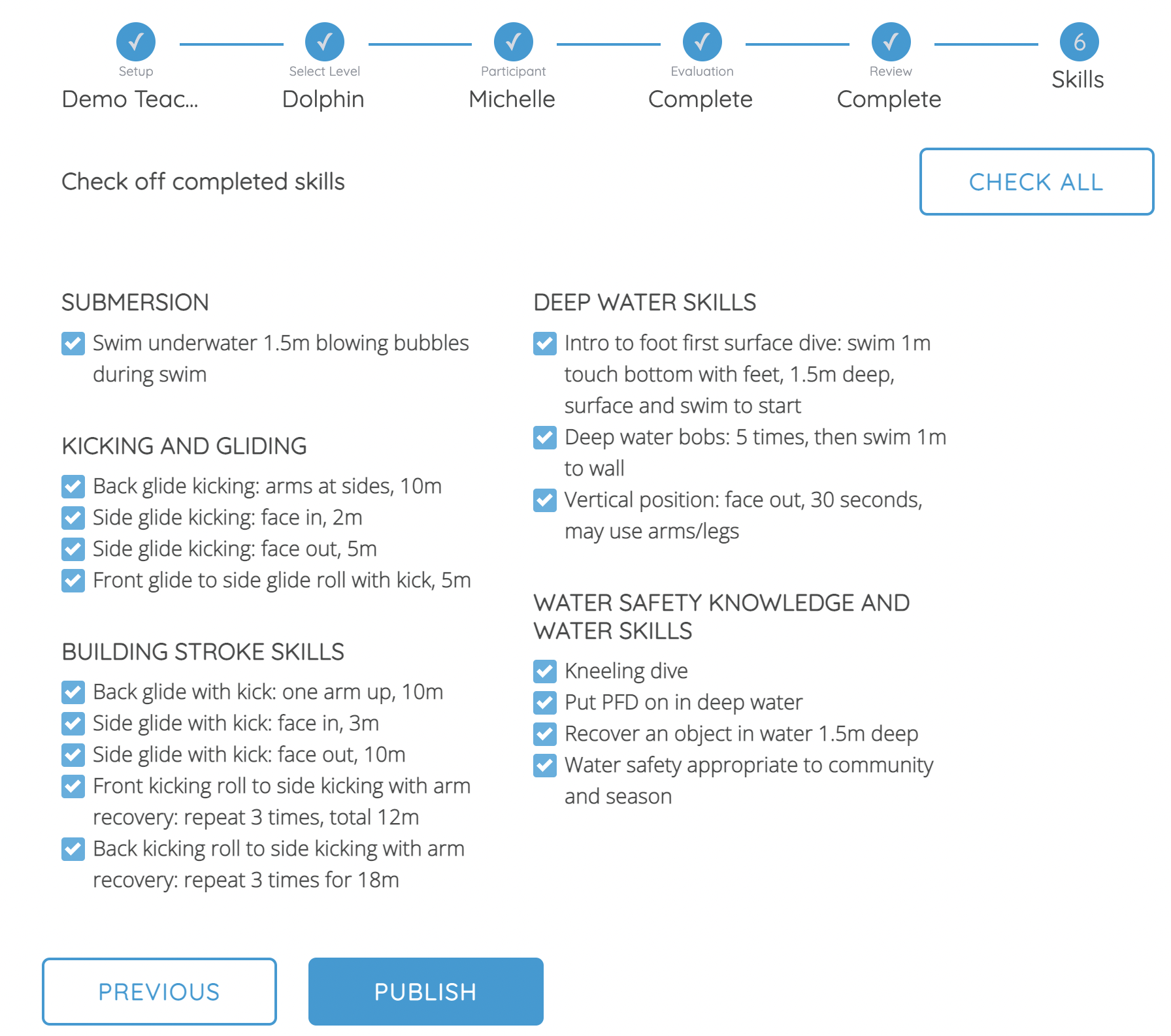 swimgen report card skills